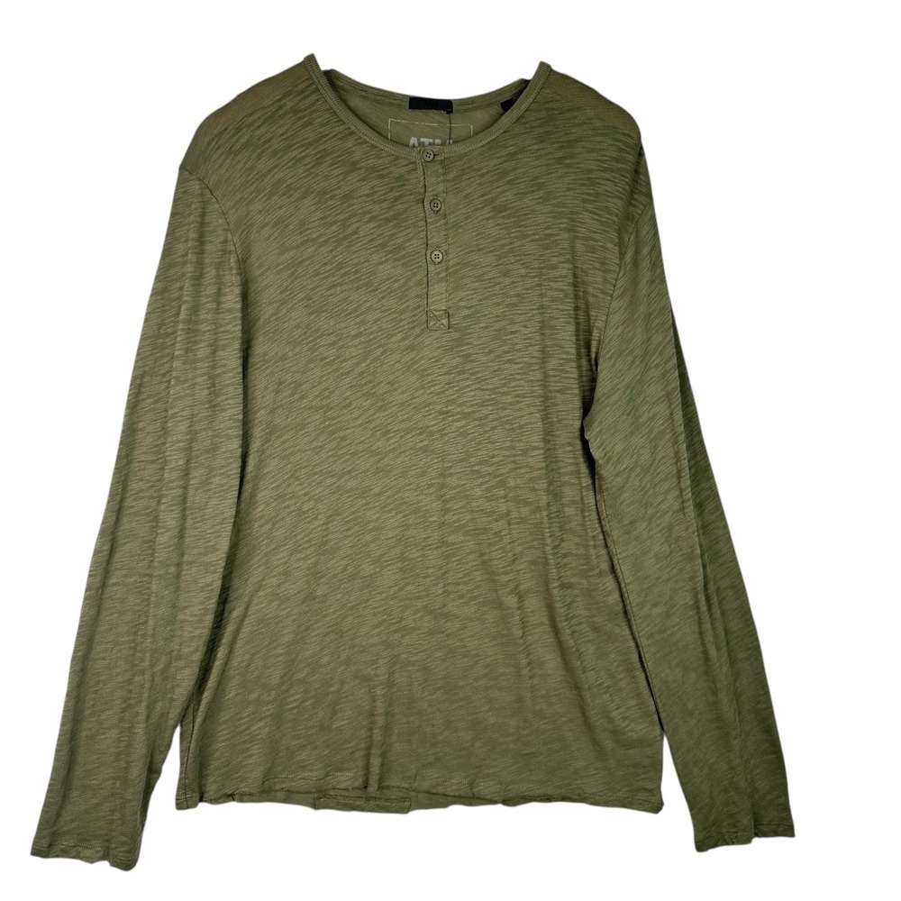 ATM Anthony Thomas Melillo Destroyed Henley Shirt Green Mens Slub Knit‎ L NWT